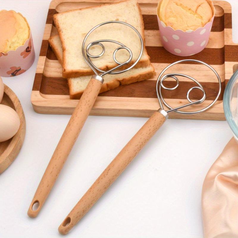 Stainless Steel Danish Dough Whisk - Hand Mixer and Dough Blender for Bread, Pastry, and Pizza Dough - Manual Kitchen Baking Tool with Wooden Handle - Food Contact Safe
