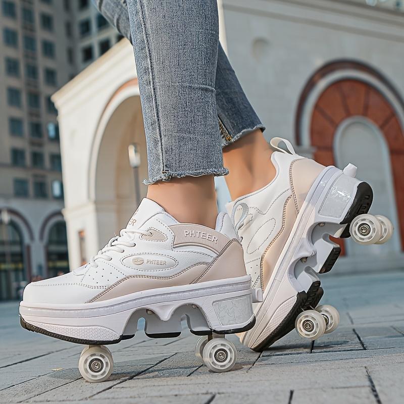 PHTEER 4-Wheel Roller Skates - Stylish Black & White, Lace-Up Design with Four-Wheel Support for Beginners, All-Season Use, Casual & Sports Skating Shoes, Casual Skating Shoes|Stylish Roller Skates|Laceup Skates
