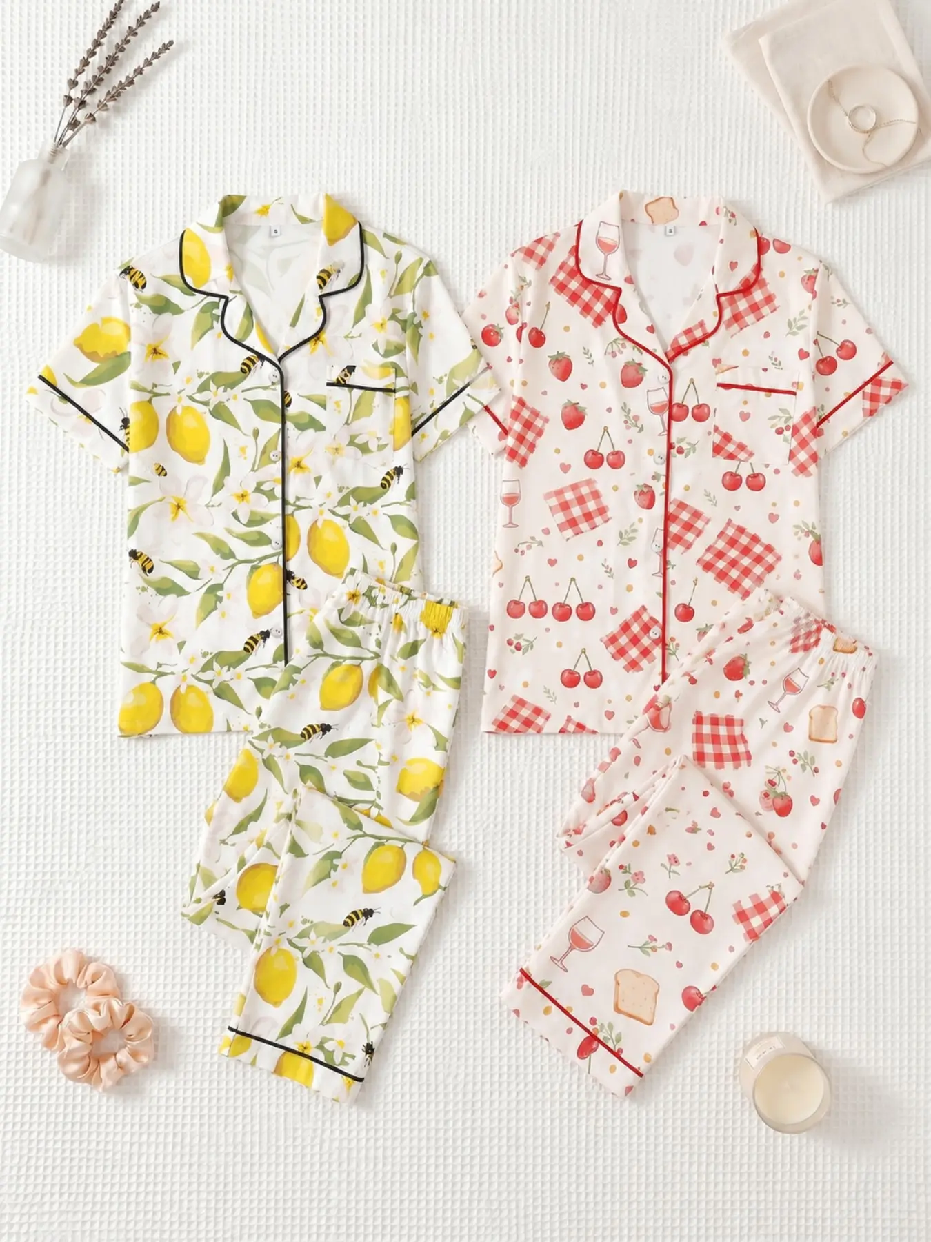 Women's Short Sleeve Pajama Set, Boho Style, Loose-Fitting, Button Front, All over Print, Soft and Breathable, Summer Sleepwear