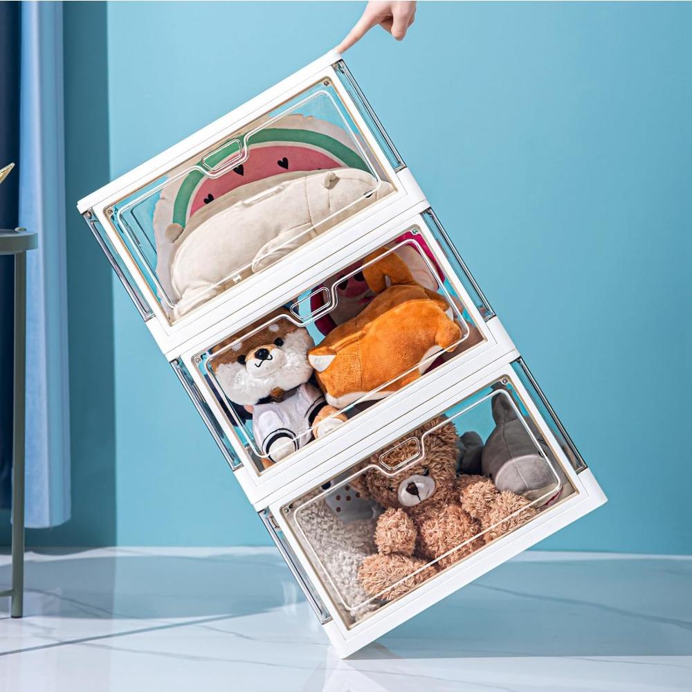 3 Pack Clear Stackable Storage Boxes with Lids Magnetic Doors Front Opening Foldable Plastic Craft Containers Large Wardrobe Organizer for Bedroom Living Room Study Toys 24 Quart