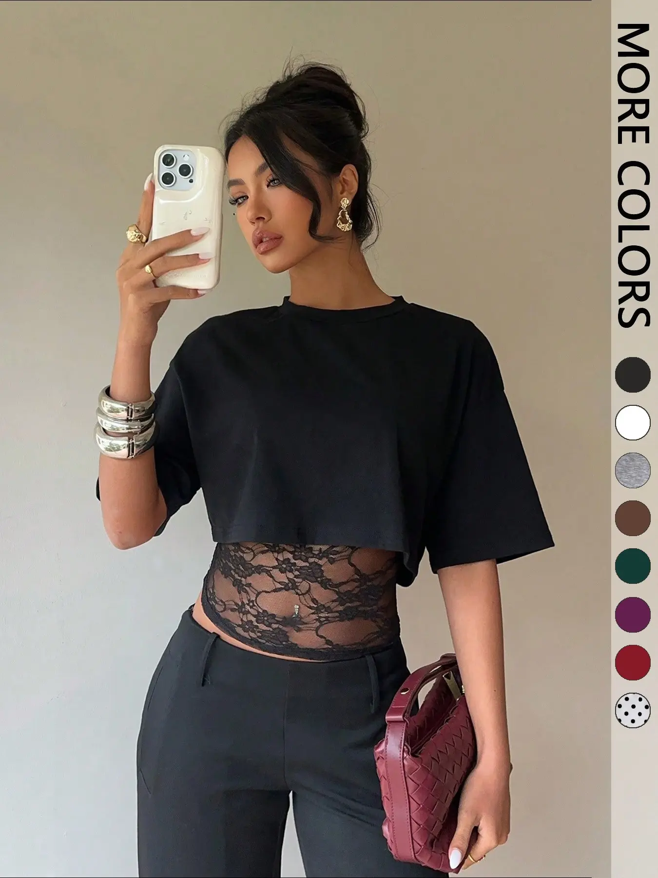 1pc Black Cropped T-shirt with Lace Splicing, Loose Layered Design, Sexy Casual Daily Commute Wear