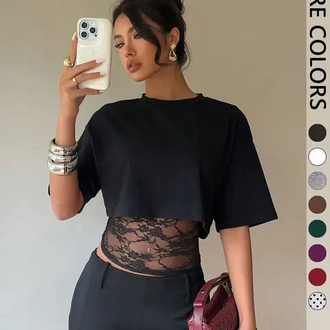 1pc Cropped T-shirt with Lace Splicing, Loose Layered Design, Sexy Daily Commute Wear Summer, Daily Wear Top