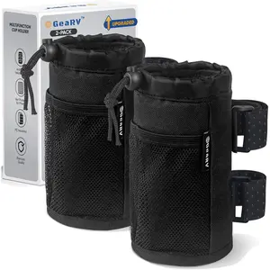 2Pack Cup Holder for Bike, Scooter and Wheelchair, Water Bottle Holder for UTV/ATV, Walker, Golf Cart and Beach, Universal Drink Holder Accessories with Net Pocket and Cord Lock (Black)
