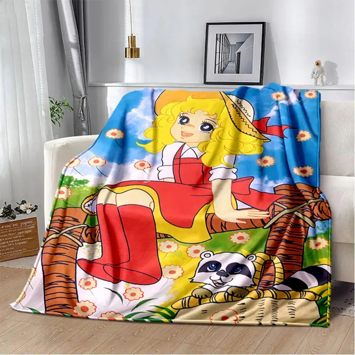 Candy Candy Retro Anime Flannel Throw Blanket, Outdoor Floral Cartoon Raccoon Print Soft Blanket for Bedroom Sofa Travel, Nostalgic Birthday Holiday Gift for Vintage Anime Fans