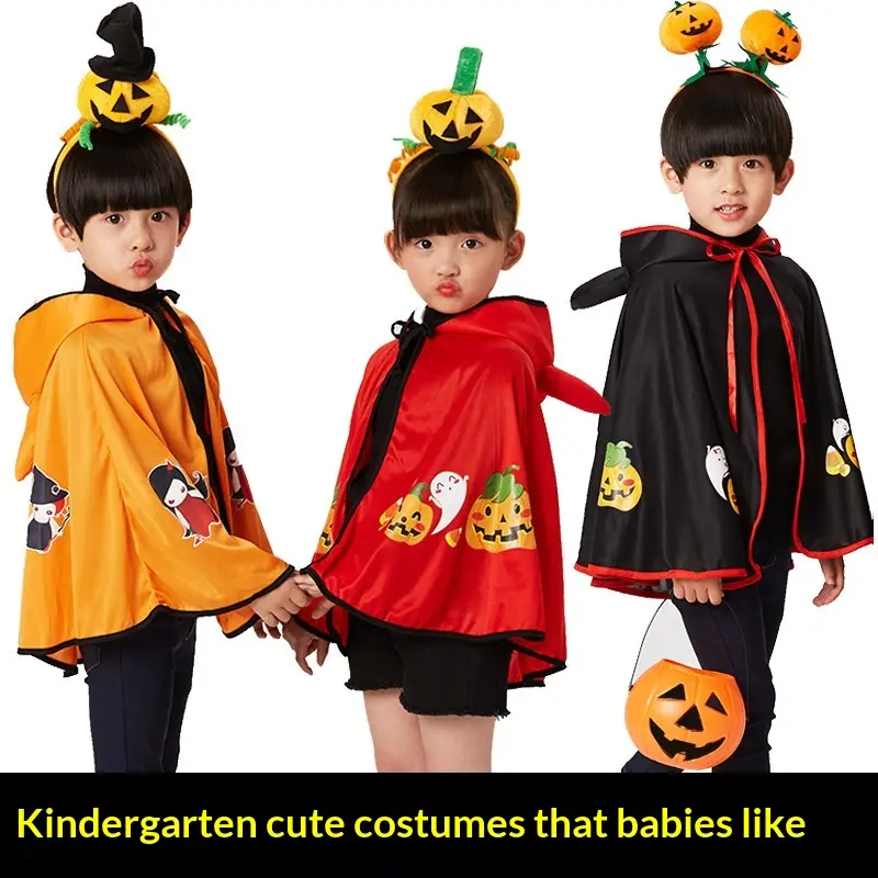 Children's Halloween Polyester Full Set Costume - Cape+Horns, Pumpkin Print Hat, Black Magician Cape - Party Props for Kindergarten Dance Performances, Gothic Dress-Up Accessories