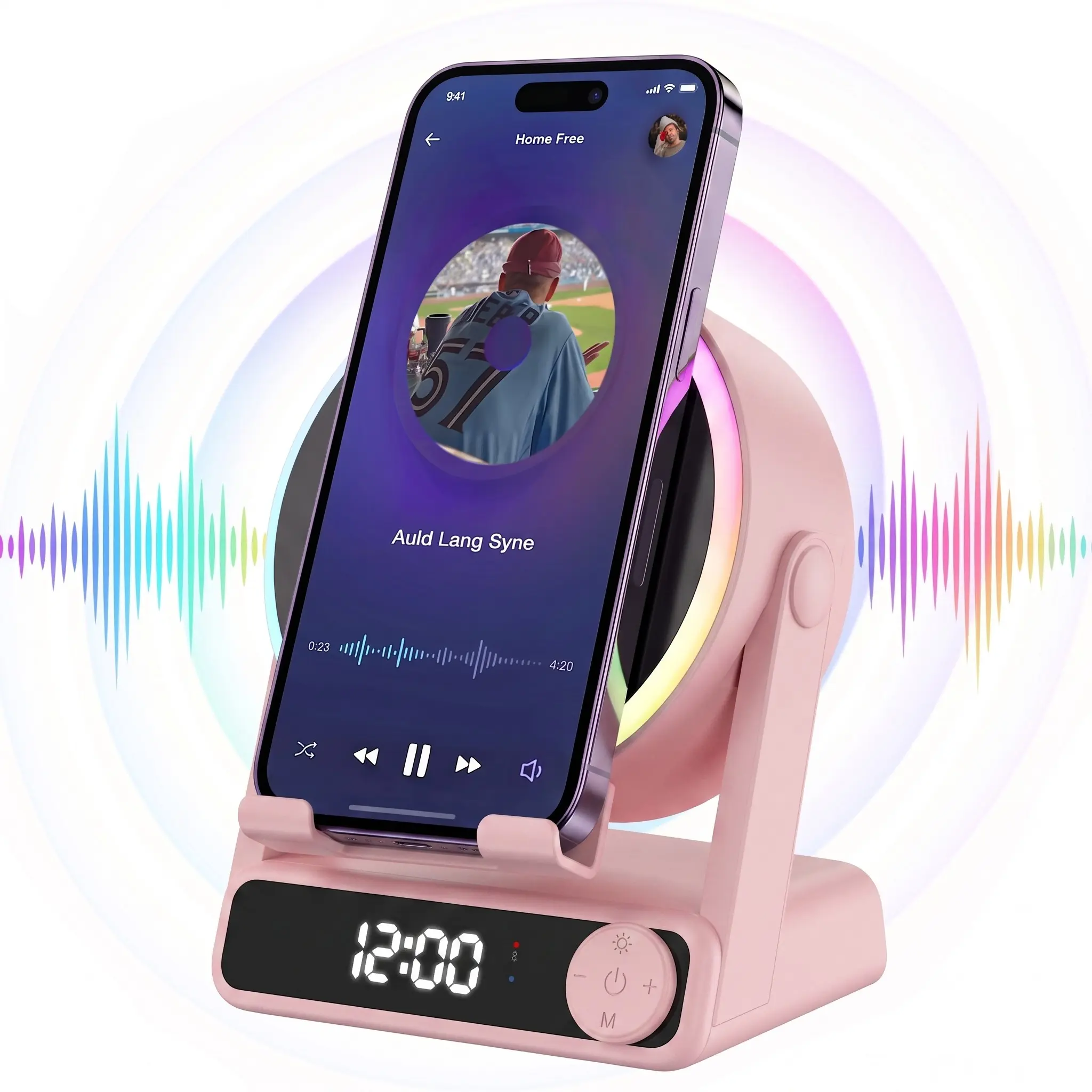 Mfhhfm Wireless Induction Speaker, 360° Adjustable Phone Stand, Bluetooth-compatible Speaker, Digital Alarm Clock, RGB LED Night Light, Stereo Sound Amplifier, Wireless Speakers