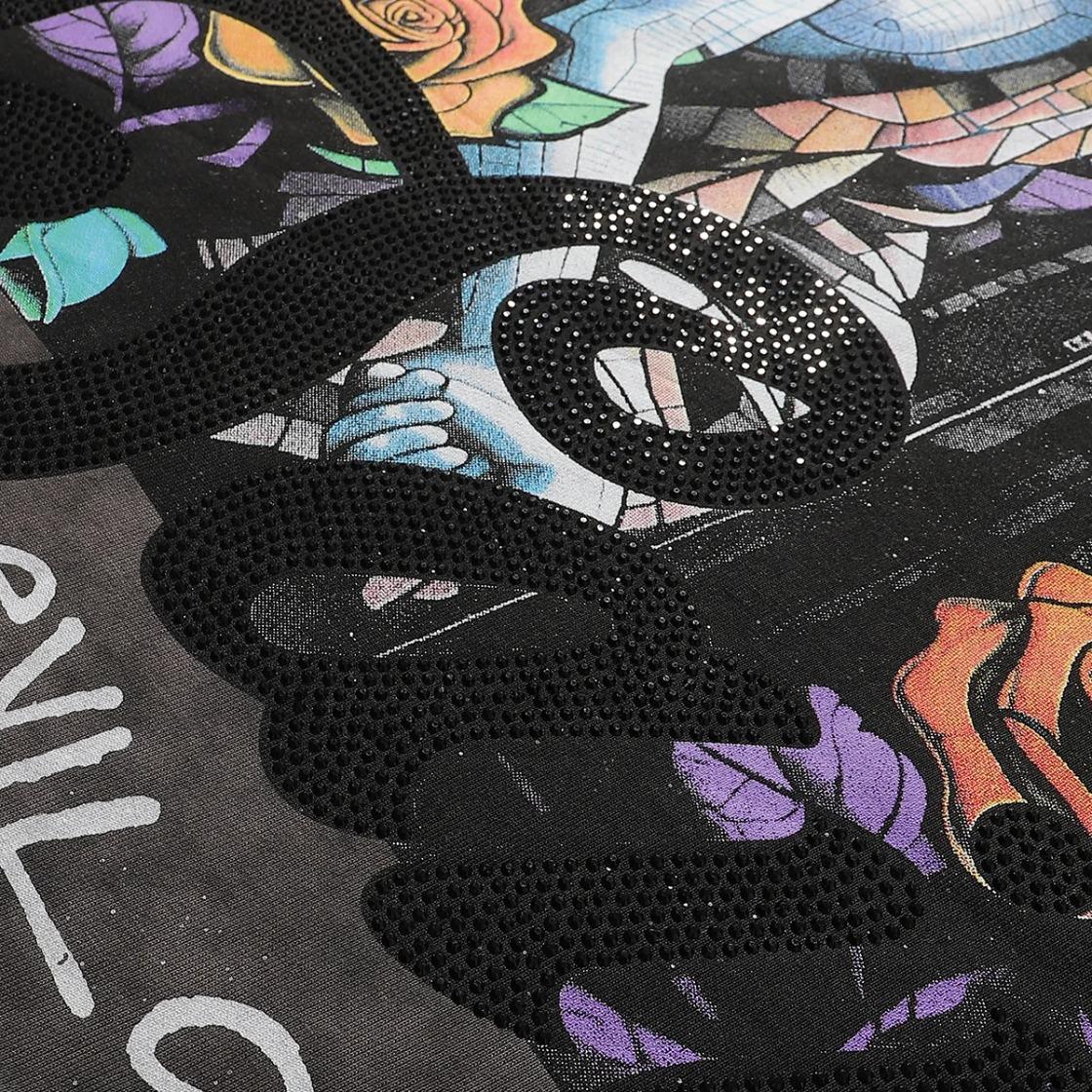 Sparkling Rhinestone Crew Neck T-Shirt, Unisex Loose Cotton Summer Tee, Plus Size, Bling Character Print, Washed Gray Full Diamond Cropped Top for Men Women