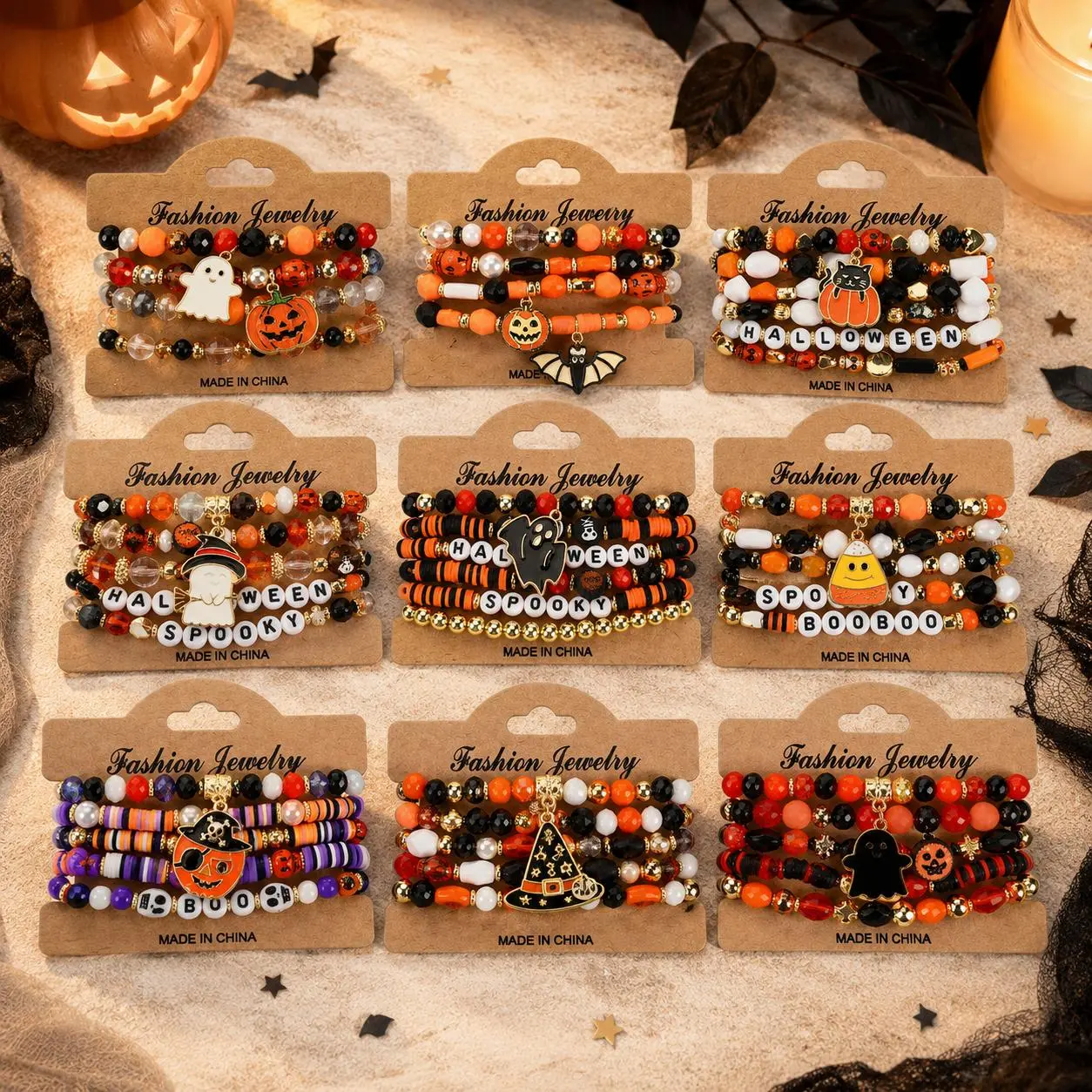 Multilayer Halloween Bracelets Set, 4Pcs/5Pcs/6Pcs Colorful Handmade Elastic Polymer Clay Beaded Bracelets Charm Pumpkin Cute Ghost Spider Black Cat Pendants Beaded Bracelet Holiday Costume Jewelry Party Supplies Gift