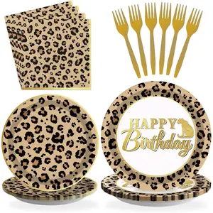96 Pcs Cheetah Print Birthday Decorations Leopard Print Party Supplies Brown Leopard Plates and Napkins Safari Themed Paper Plates for Jungle Safari Cheetah Theme Party Serves 24
