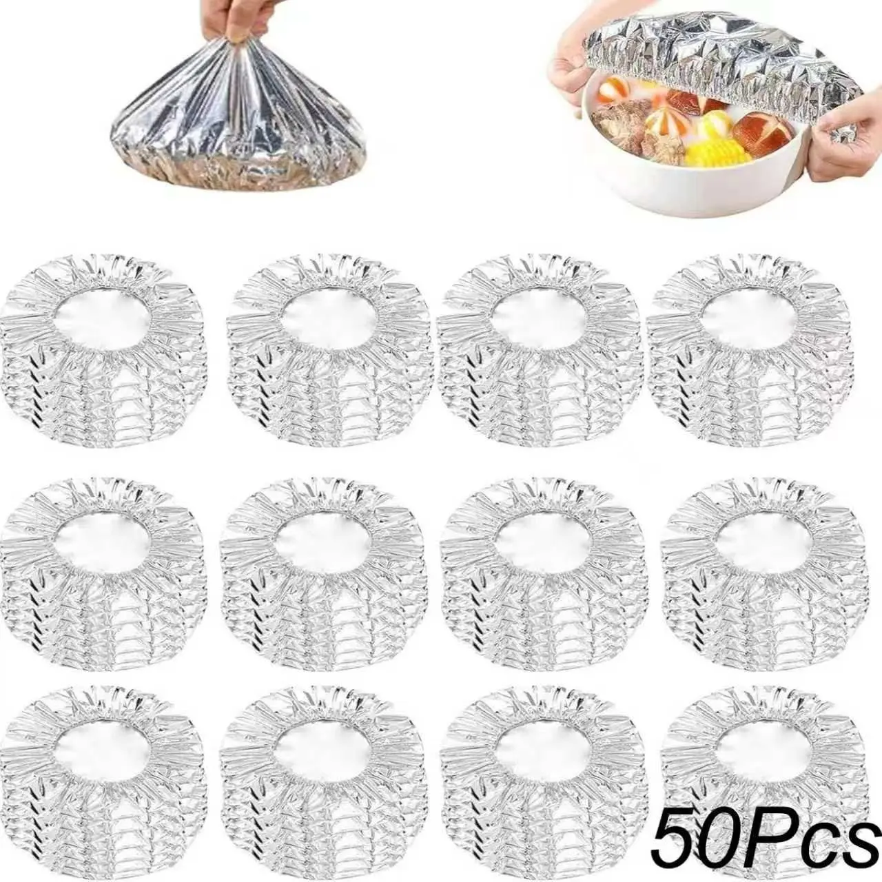 50/100Pcs Reusable Insulating Film Lid, Aluminum Foil Elastic Food Bowl Storage Cover, Kitchenware, Sandwich, Burrito, BBQ Cooking and Food Storage Bag