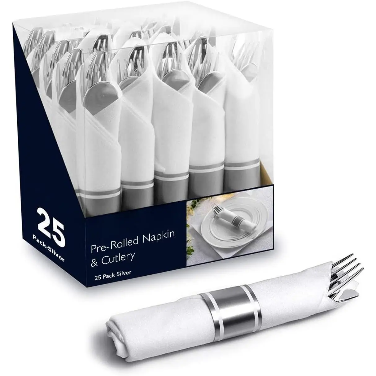 100 count Pre Rolled  Plastic Cutlery Set, Individually Wrapped Plastic Silverware Set with 25 Forks, 25 , 25 Spoons, 25 Napkins, Utensils for Weddings, Service for 25 Guests