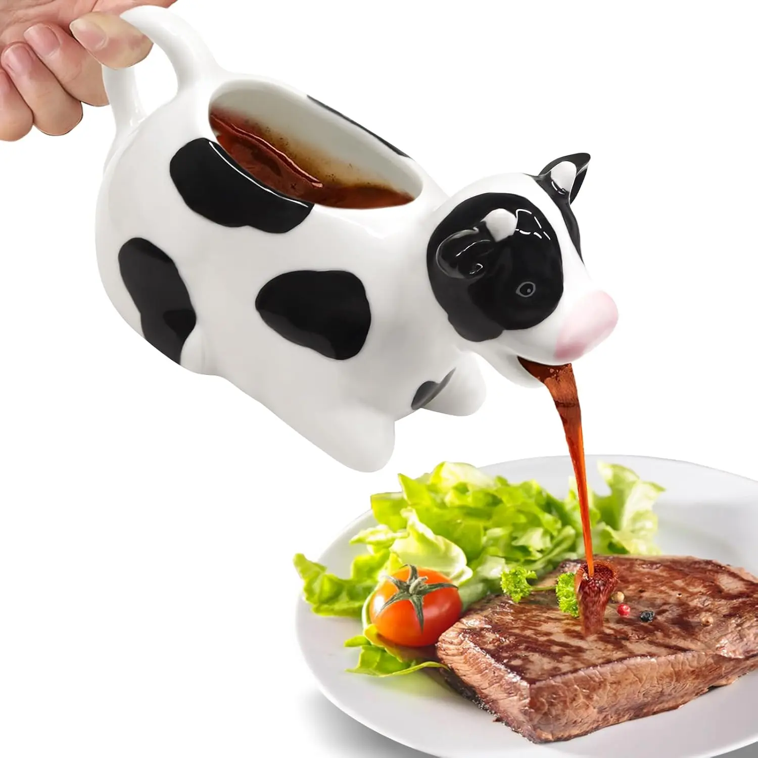 Ceramic Gravy Boat 11oz/300ml Milk Cow Sauce Jug with Smooth Handle Perfect for Serving Salad Dressing Broth Cream Milk for Thanksgiving Halloween Christmas (White)