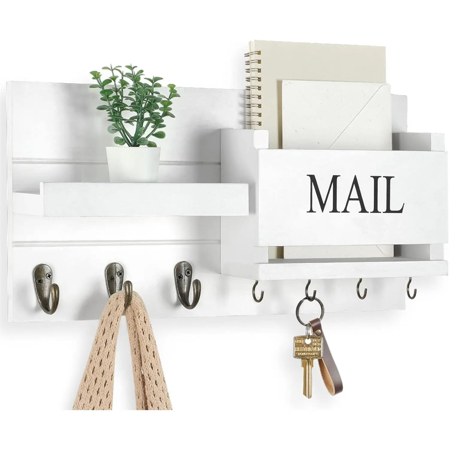 Mail Organizer for Wall Mount – Key Holder with Shelf Includes Letter Holder and Hooks for Hallway  Decor – Rustic  with Flush Mounting Hardware (16.5” x 9.1” x 3.4”) (White)