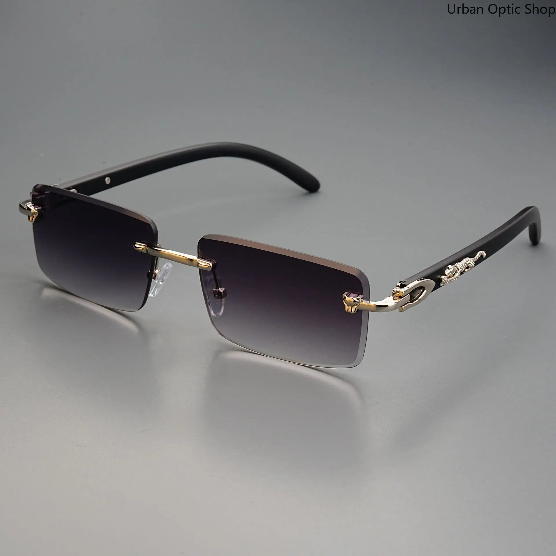 XUH Rimless Rectangle Sunglasses, Wood Grain Temples with Gold Metal Accents Gradient Brown Lenses, Retro Luxury Fashion Eyewear for Daily Wear & Street Style