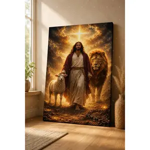 Golden Light Cross Lion And Lamb Religious Figure Canvas Wall Art, Dramatic Mountain Cloud Faith Painting For Prayer Room Bedroom Living Room Farmhouse Apartment Wall Decor, Available as Unframed Canvas Poster or Framed Canvas Wrap
