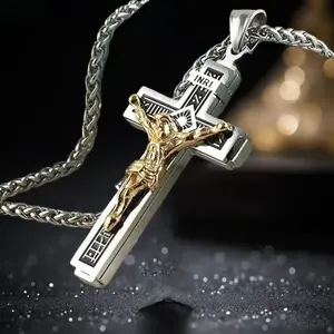 Two Tone Stainless Steel INRI Jesus Crucifix Cross Necklace for Men, Vintage Engraved Faith Cross Pendant with Thick Wheat Chain, Durable Religious Christian Jewelry, Meaningful Baptism Birthday Father’s Day Gift for Him