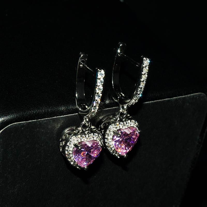 Heart-shaped pink diamond pendant, luxurious full-diamond pink crystal set, open ring and earrings