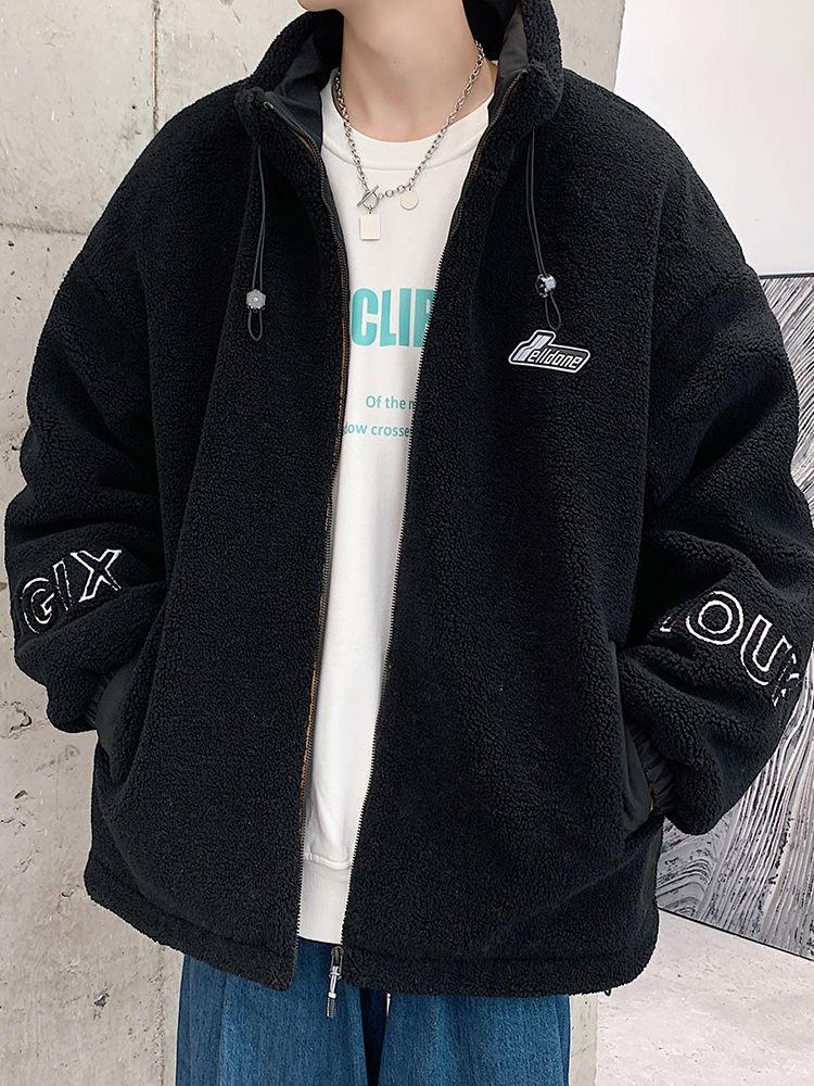 Men's lambskin stand collar embroidered warm jacket Large size loose casual fleece cotton jacket American street style letter embroidery fleece jacket