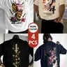[4-Pack] Men's Oversized Graphic T-Shirt Japanese Streetwear Hannya Crane Samurai Sword Print, Heavyweight Short Sleeve Tee for Casual Summer Gym Street Style, Bold Statement Tee