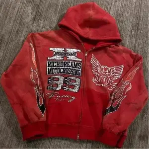 18ACTIVEKIT2025 Street Hip Hop Printed Hoodie - Black and Red Zipper Jacket for Both Men and Women - Harajuku Casual Sweater, Comfortable Long Sleeve for City Streets, Mud Washed Cowboy Designer Clothing for Seasons, AZ Fashion Skull Hoodie for Men i