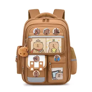 Capybara Pattern Kids Backpack Lightweight Spine Protective Wear Resistant School Bag for Grades 1 to 6