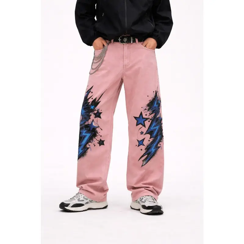Men Wide Leg Star Print Embroidery Jeans Vintage Pink Wash Graphic Baggy Denim Pants Y2K Hip Hop Streetwear Casual Trousers