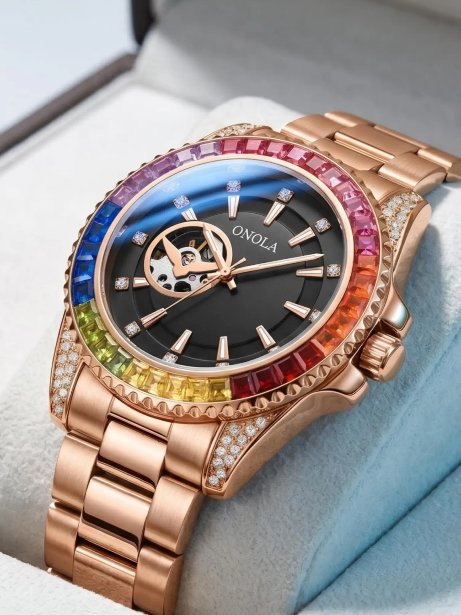 ONOLA Men's Mechanical Watch, Automatic Mechanical Wristwatch Men Affordable Luxury Fashion Watches Round Skeleton Stainless Steel  Watch