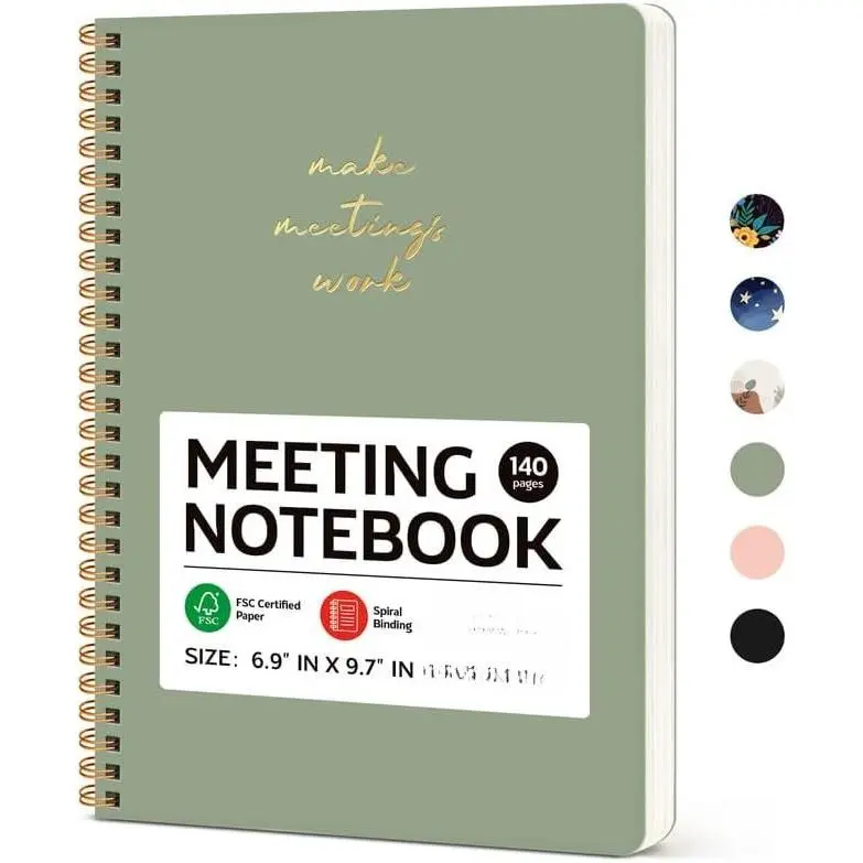 Meeting Notebook for Work, Project Planner, 6.9" X 9.7", 140 Pages | Work Notebook with Action Items, Meeting Minutes Planner Notebook, Office Supplies for Men & Women, Green