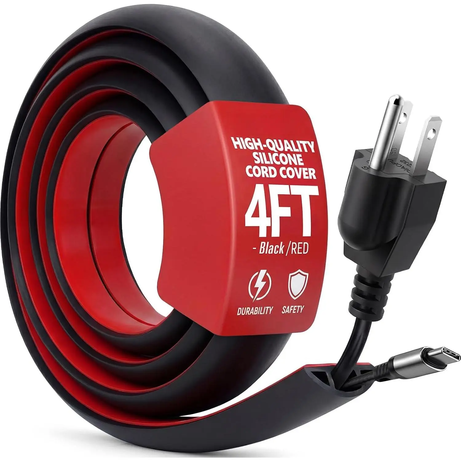 4FT Low Profile Black Self-Adhesive Floor Cord Cover, Electrical Extension Cord Protector with 0.39" (W) x 0.27" (H) Cavity for Offices, Gyms
