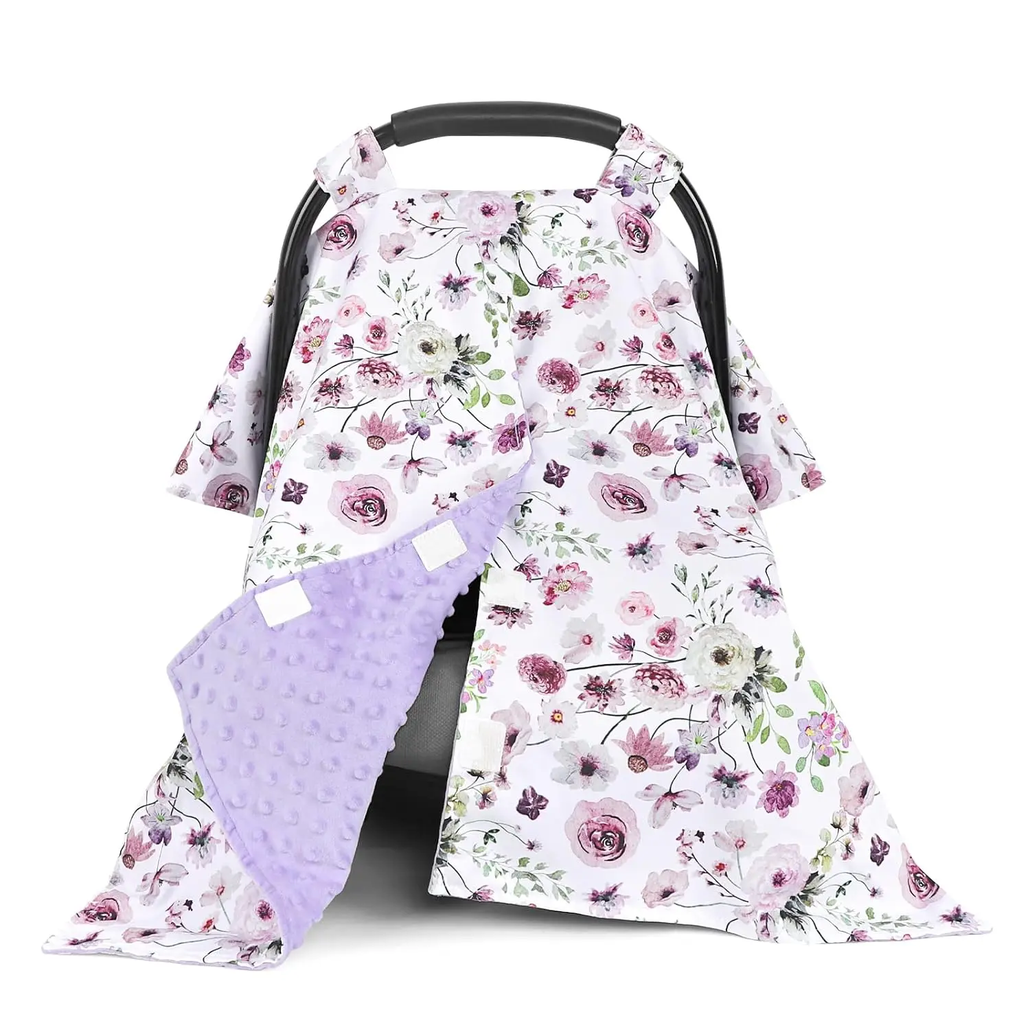 Baby Car Seat Cover, Soft Minky Warm Winter Car Seat Canopy  Infants & Toddlers, Opening with Adjustable Strap, Breathable Nursing Cover & Stroller Blanket, Purple Flowers (s Most Car Seats)