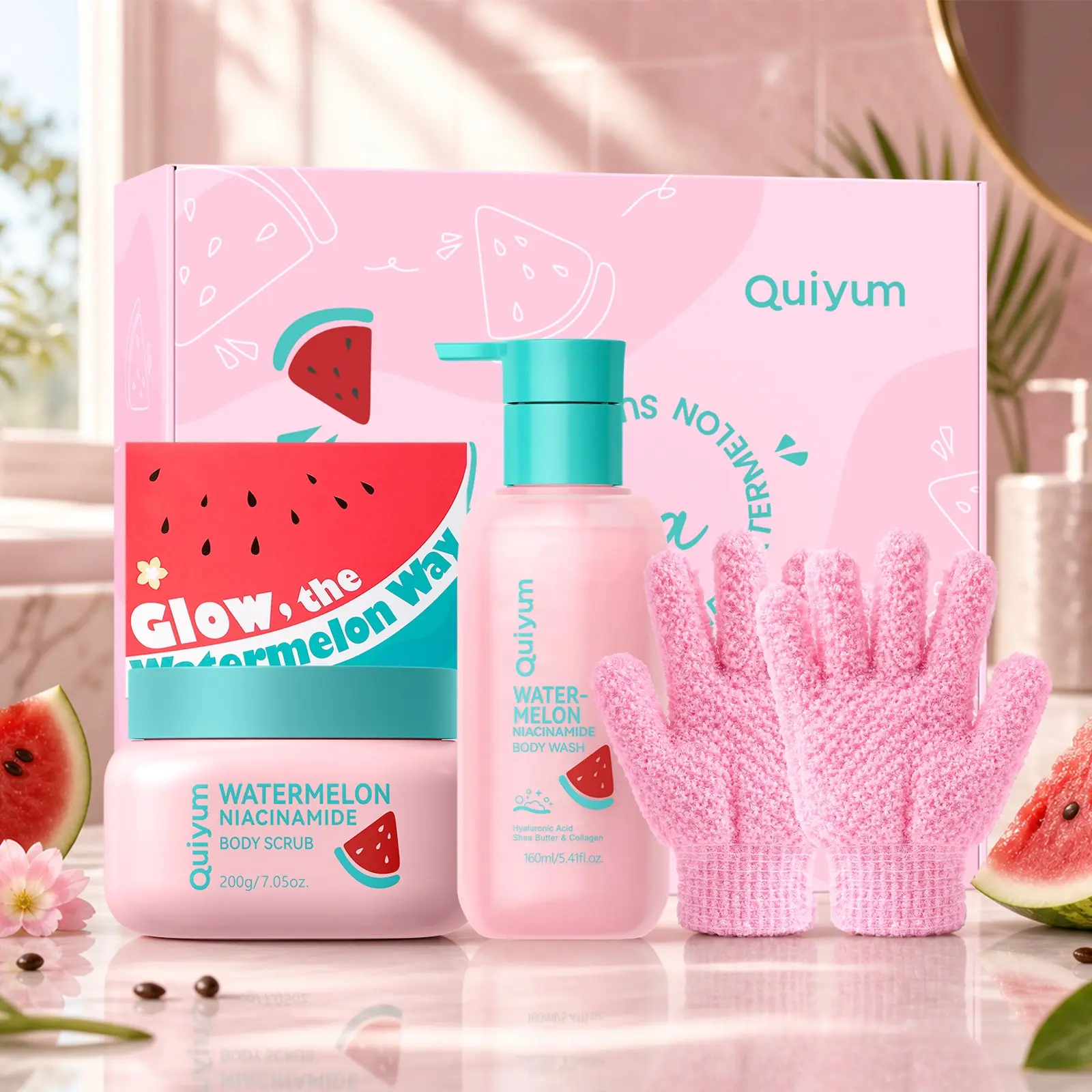 QUIYUM Watermelon Niacinamide Bodycare Duo – Luxury Body Wash & Scrub Gift Set for Women – Fruit Skincare Pamper Gift, Ideal for Birthday, Christmas & Self Care