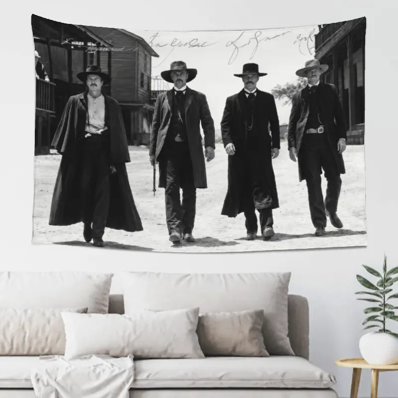 Black White Western Gunmen Tapestry, Four Cowboy Figures in Long Coats and Hats Walking through an Old Frontier Town Wall Hanging for Bedroom Living Room Office Studio, Vintage Western Home Decor, Peach Skin Fabric, Multiple Sizes Available