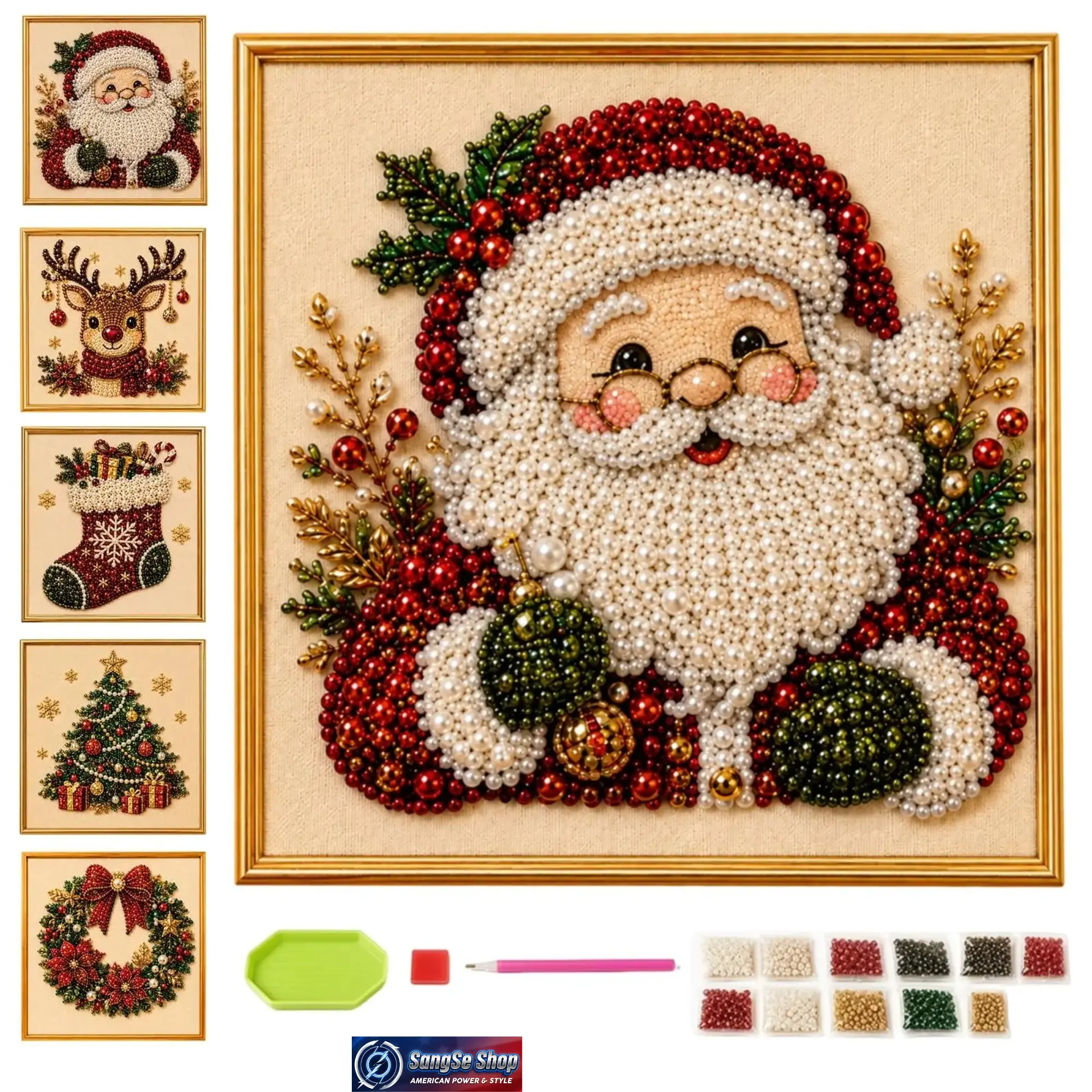 DIY Christmas Pearl Diamond Painting Art Kit with Frame, 3D Beaded Mosaic Craft Set, Santa Tree Reindeer Wreath Stocking Holiday Wall Decor, Beginner-Friendly Handmade Activity for Adults, Relaxing Stress Relief Hobby, Christmas Gift & Home Decoration