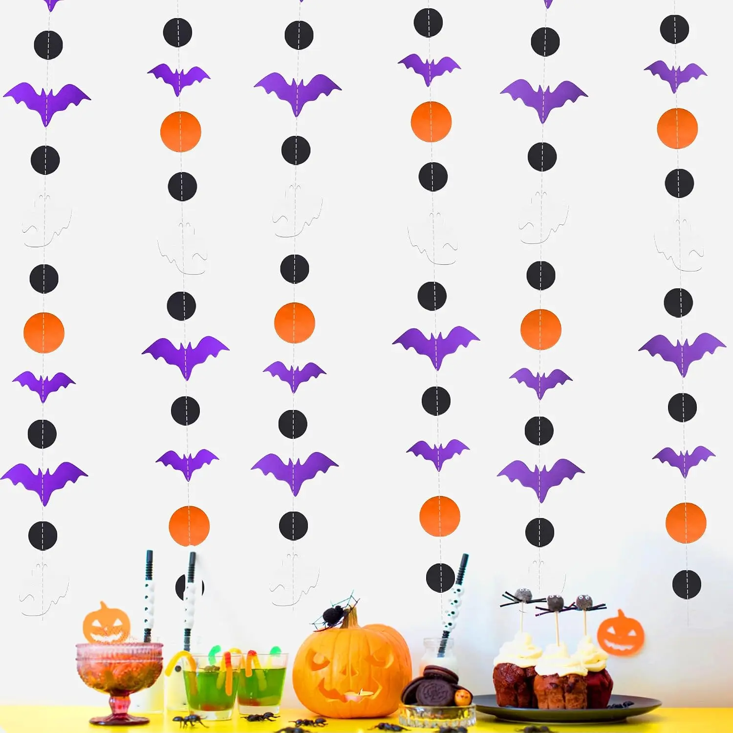 Halloween Garland Streamers, Bat White  Black & Orange Circle Dot  Paper Banner Bunting for Halloween Party, Birthday, Fireplace, Indoor  Decorations(3Pcs,33Ft)