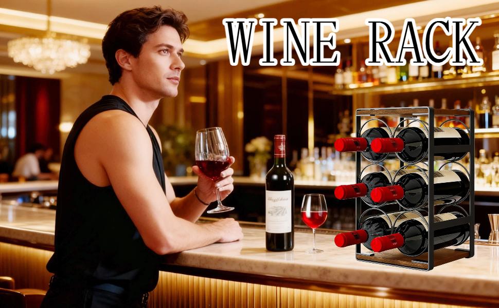 SUOERNUO Wood Countertop Wine Rack No Assembly Needed 6-Bottle Capacity Black & Rustic Brown Metal & Wood Construction Rust-Resistant Powder Coating Freestanding Storage Solution