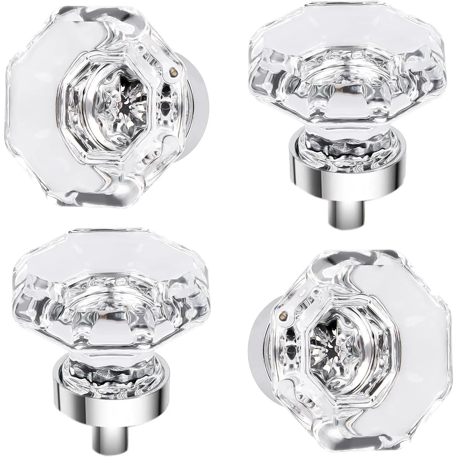 Glass Cabinets Drawer Pulls Knobs Polished Chrome | 4 count Glass Knobs for Cabinets and Dresser,Bathroom Kitchen Cabinet knobs,Octagon