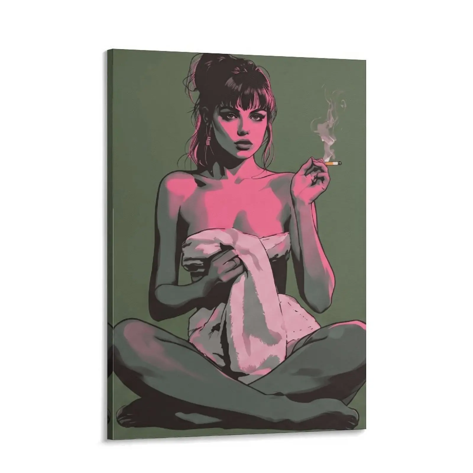 Duotone Woman Smoking Canvas Wall Art Print, Pink-Green Sensual Poster, Artistic Home Decoration for Room
