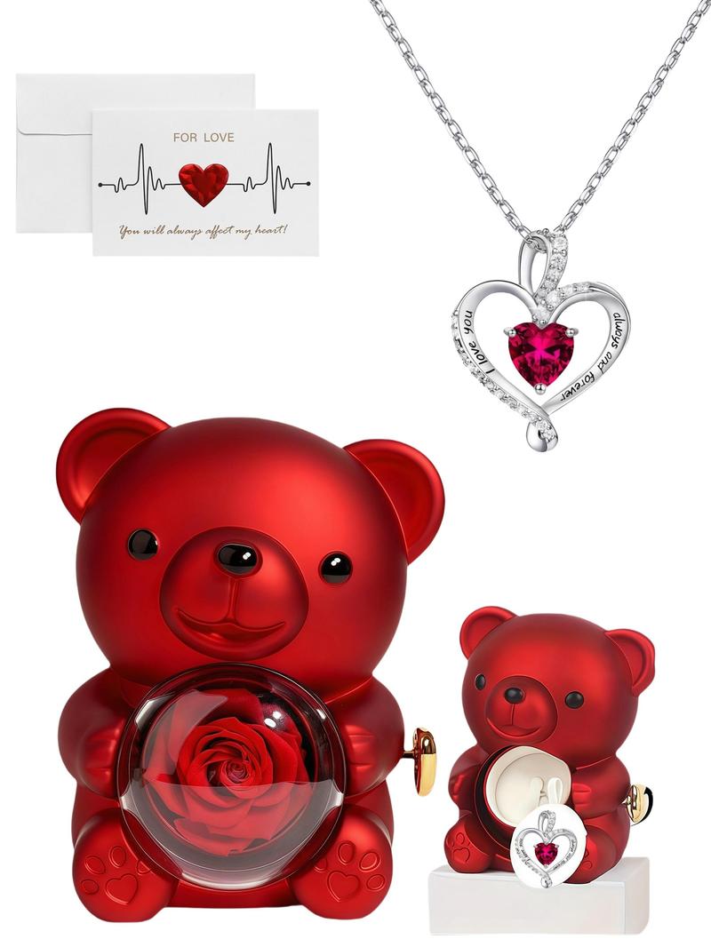 Bear Design Heart Shaped Pendant Necklace with Rose Gift Box, Fashion Jewelry for Party, Daily Clothing Decor, Trendy All-match & Exquisite Jewelry for Birthday Gift, Love Heart Necklace
