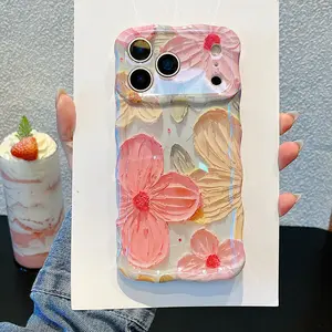 Suitable for iP17promax phone case, wave blue light laser oil painting floral 16 protective cover