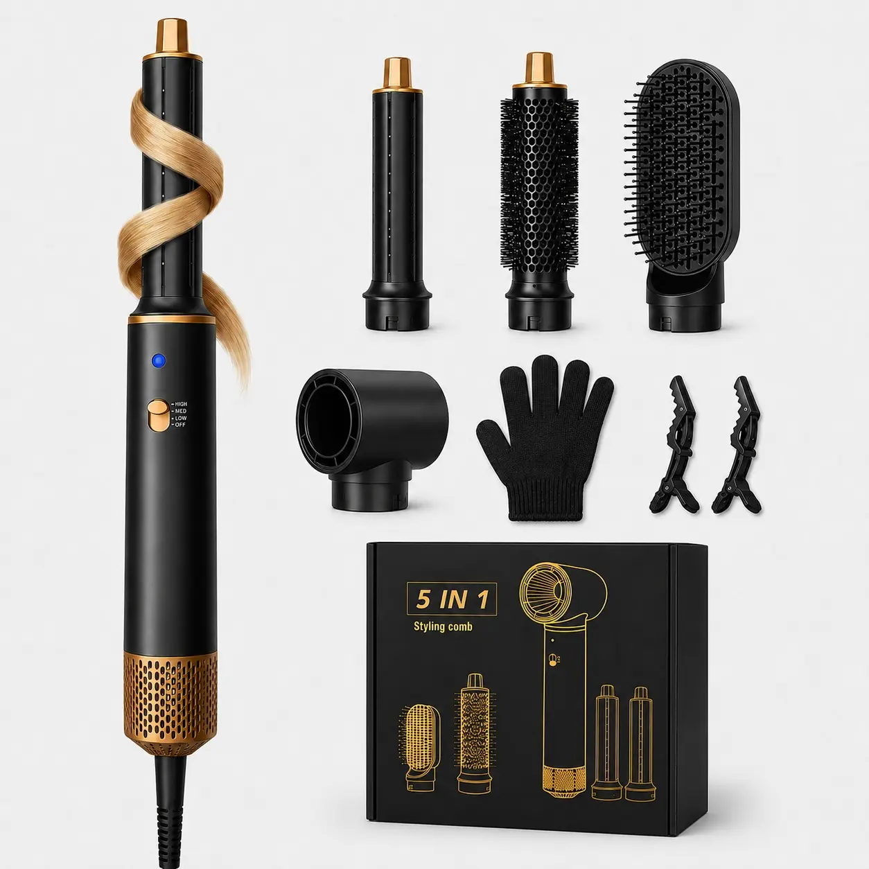5-In-1 Hair Styling Brush Set with Gloves & Clips, 33,000 Rpm Hot Air Brush, Curling Iron, Straightener, Drying Smooth Tool