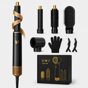 5-In-1 Hair Styling Brush Set with Gloves & Clips, 33,000 Rpm Hot Air Brush, Curling Iron, Straightener, Drying Smooth Tool