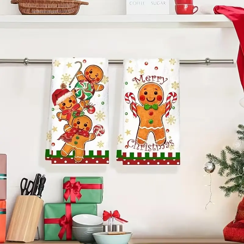 2pcs Christmas Kitchen Towels, 40*48cm Gingerbread & Snowflakes Design, Soft Absorbent Microfiber, Ideal for Kitchen & Bathroom Decor