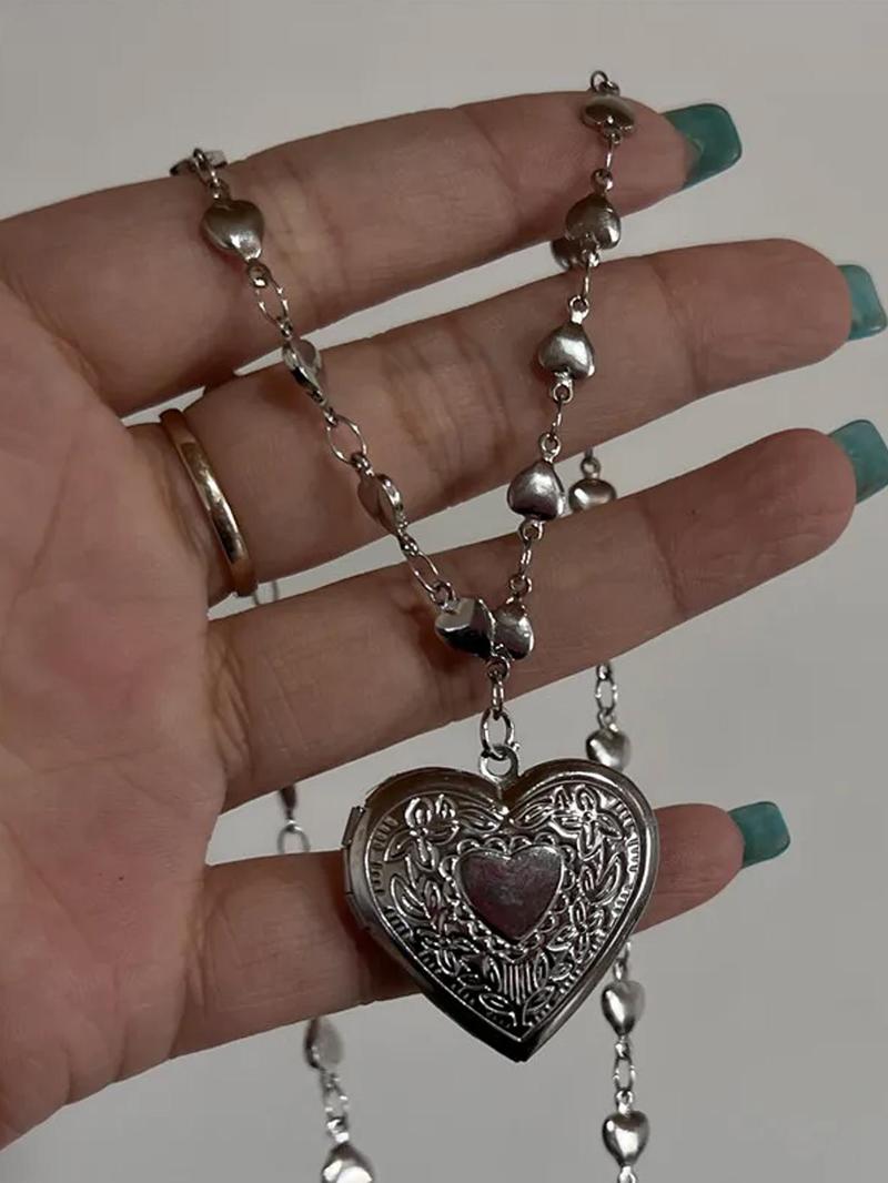 Y2K Style Stainless Steel Heart Pendant Fashion Necklace Set, DIY Photo Box Design, Trendy Party Jewelry for Women, All Season Wear