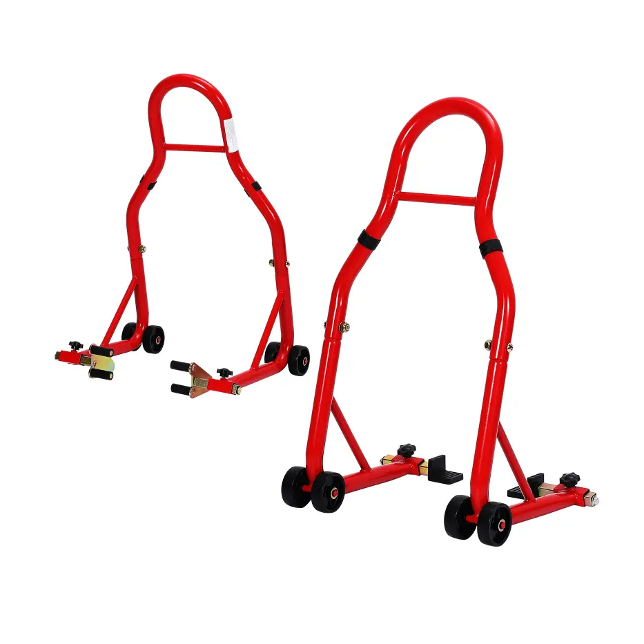 900lb Heavy-Duty Metal Frame Motorcycle Stand Combo Set – Adjustable Front/Rear Wheel Paddock Lifts with U & L Spool Wheel Adapters – For Maintenance, Cleaning – Fits Most Motorcycles – Red/Yellow