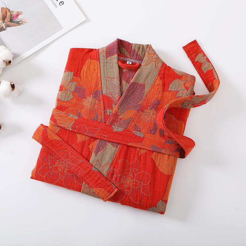 Pure cotton double-layer gauze bathrobe, Class A, spring/summer thin pajamas, home wear, couple's bathrobe, absorbent and quick-drying bathrobe