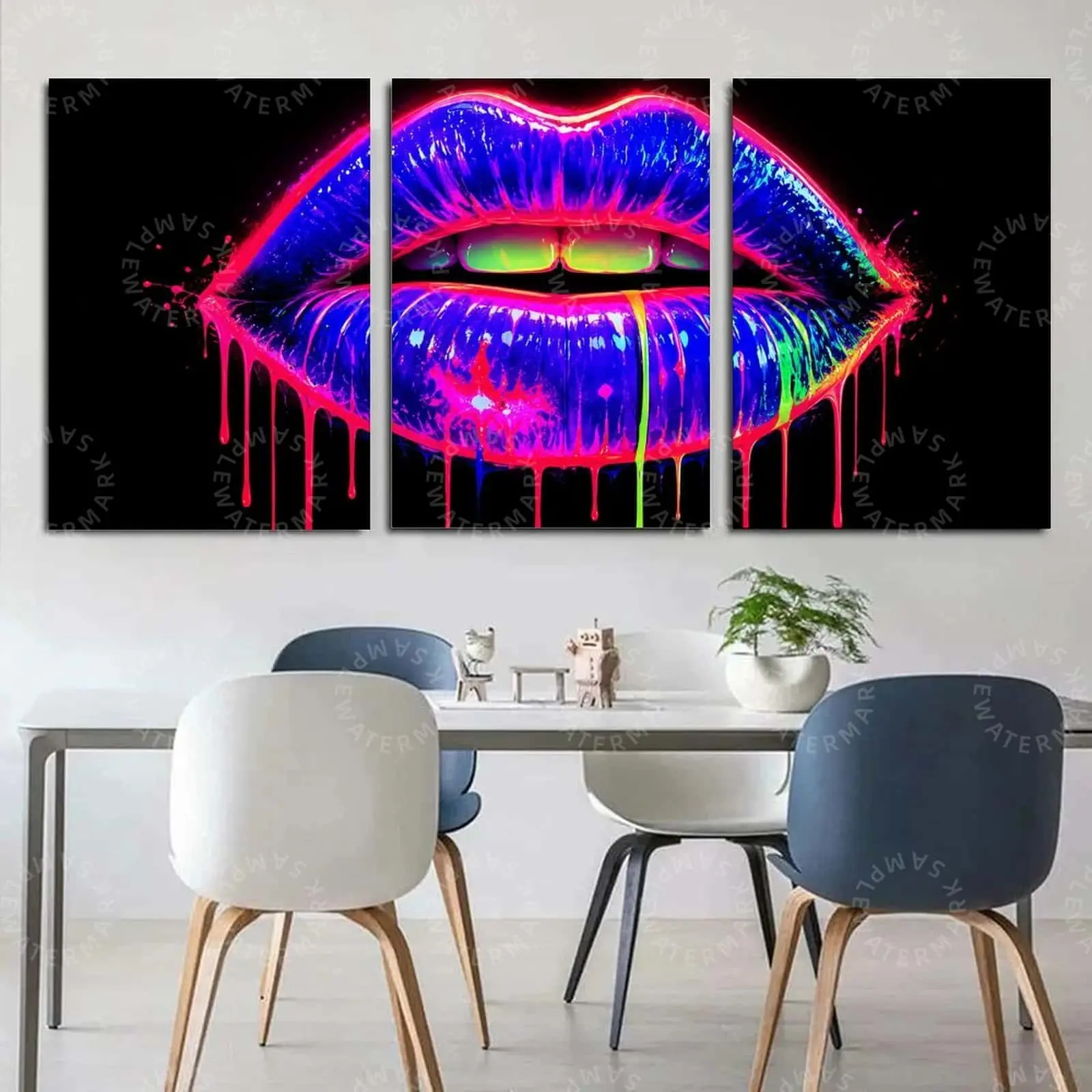 Neon Graffiti Lips Triptych Wall Art Canvas, Glow Dripping Neon Lips Pop Art Poster, Cyberpunk Aesthetic Bedroom Living Room Gaming Room Decor, Modern Bold Sexy Wall Art Print