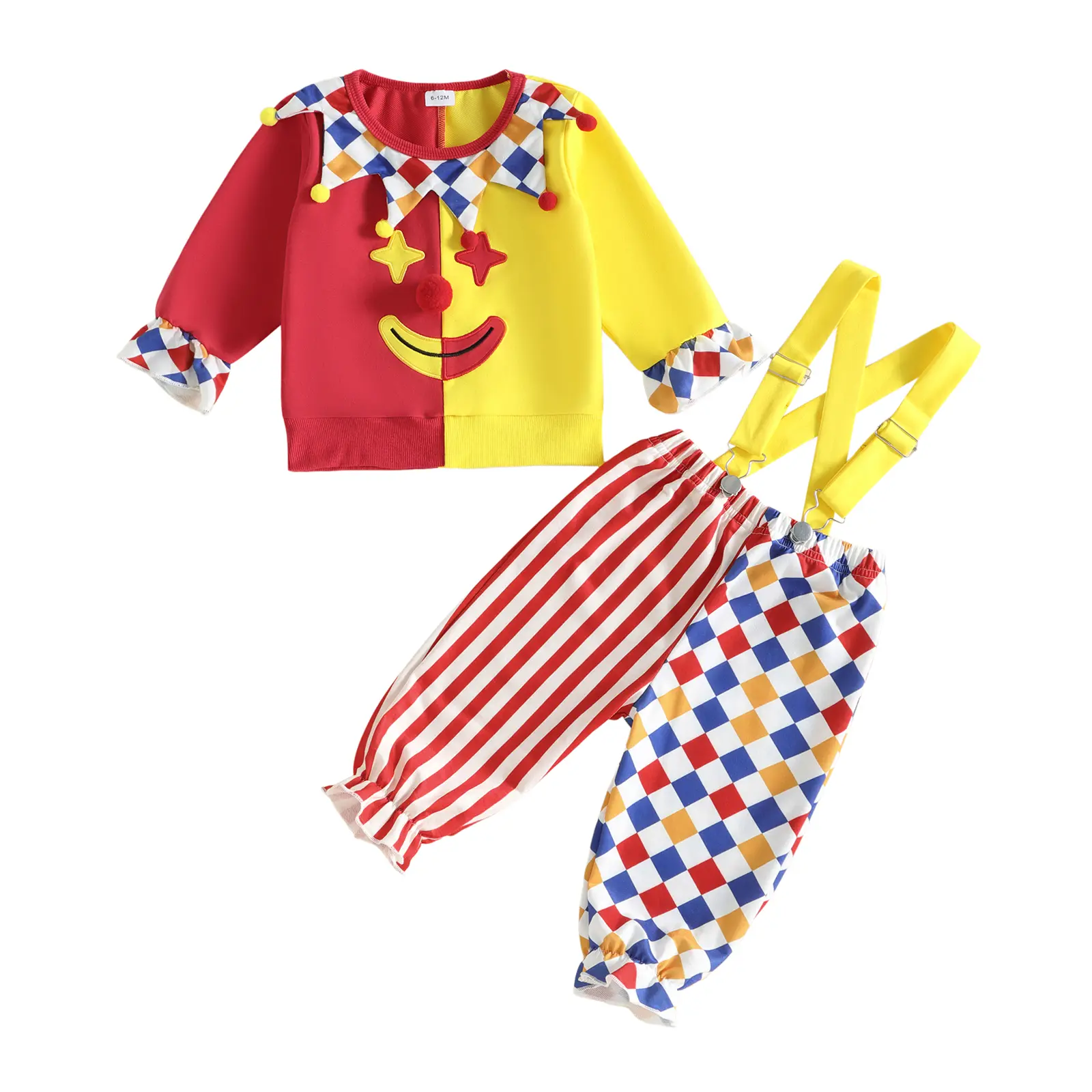 Meihuida Toddler Baby Little Boy Girl Halloween Clown Costume Long Sleeve Sweatshirt and Striped Plaid Overalls Set Fall Winter Clothes 1-5 Years