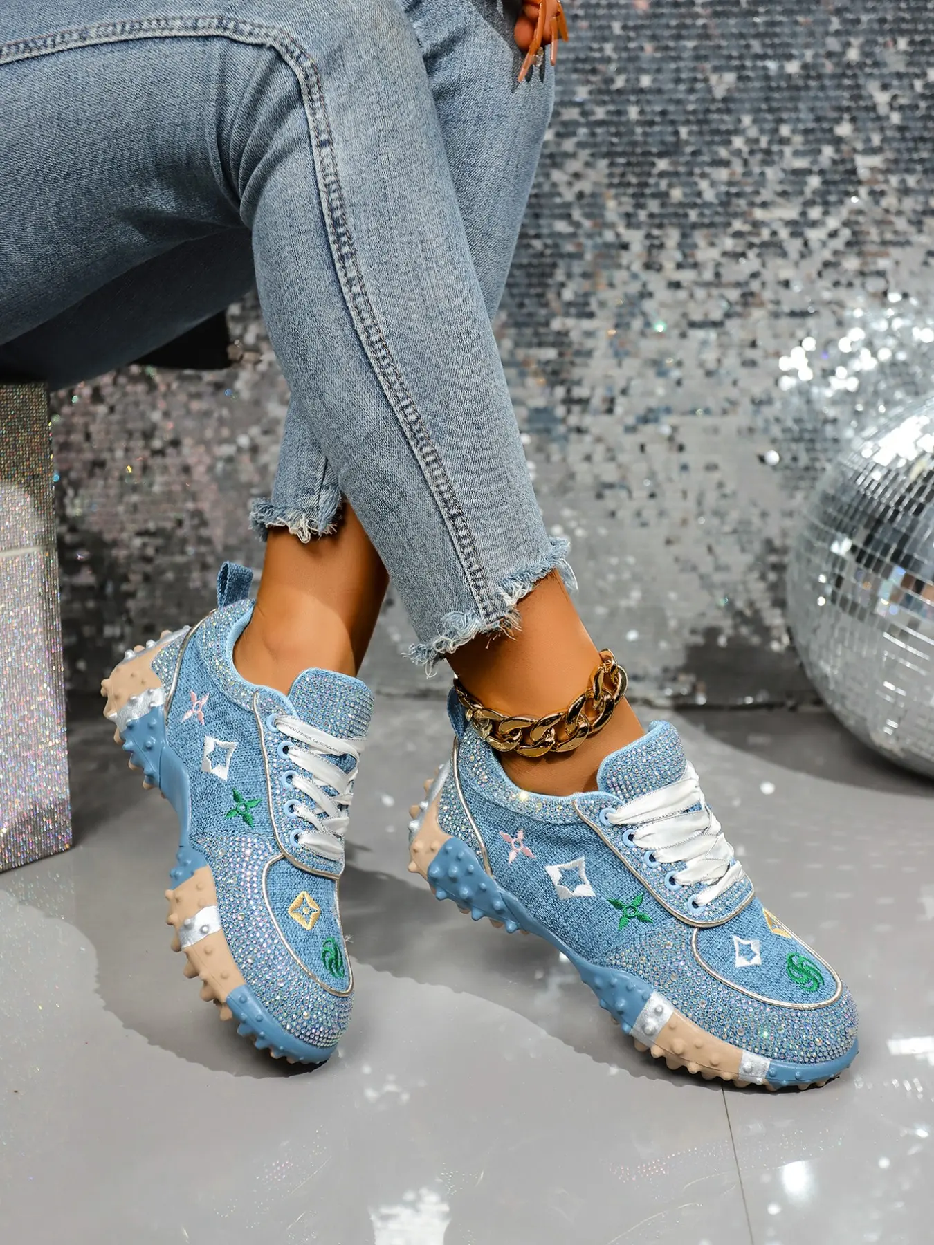 Ice Blue Denim Rhinestone Breathable Thick Sole Sneakers, Soft Denim Fabric, Multi-Layer Shock Absorption, Casual All-Season Women's Shoes, Sparkle Platform Sneakers