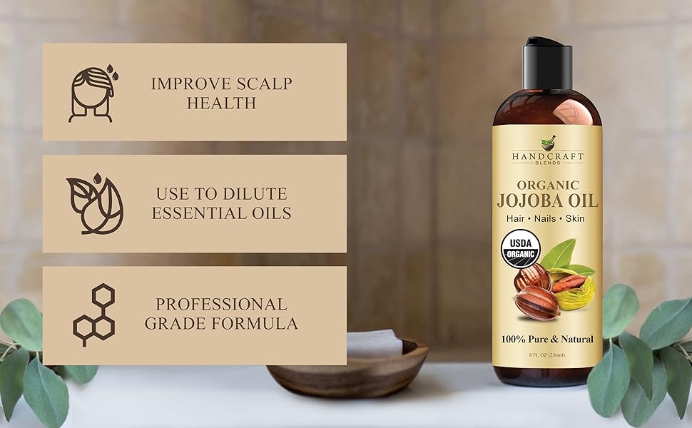 USDA Organic Jojoba Oil - Cold-Pressed 8 Fl Oz - 100% Pure and Natural - Premium Grade Carrier Oil for Skin and Hair - Hair and Body - Massage - Hexane-Free Gentle Moisturizer Moisturizing Apricot Avocado Coconut Herbal Vitamins Moisture Cosmetic