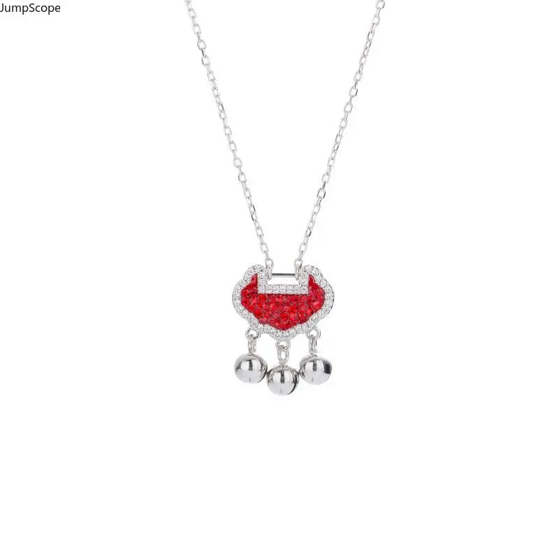 Women's Pavé Crystal Safety Lock Collarbone Necklace with Hanging Bells - Retro, Unique, Minimal Cold Style, Elegant, Versatile Indoor Recreation Jewelry